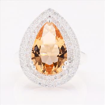 NO RESERVE 5.77 Ct Pear Created Morganite, Cubic Zirconia 925 Sterling Silver Ring