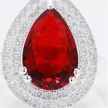 NO RESERVE 5.78 Ct Pear Created Ruby, Cubic Zirconia 925 Sterling Silver Ring