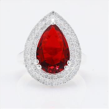 NO RESERVE 5.78 Ct Pear Created Ruby, Cubic Zirconia 925 Sterling Silver Ring
