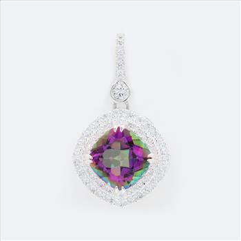 NO RESERVE 5.97 Ct Cushion Mystic Topaz, Cubic Zirconia 925 Sterling Silver Pendant