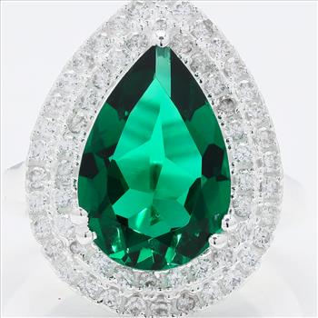 NO RESERVE 6.11 Ct Pear Created Emerald, Cubic Zirconia 925 Sterling Silver Ring