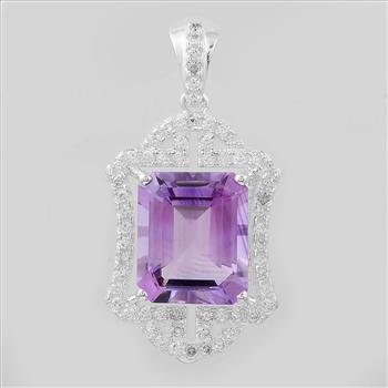 NO RESERVE 6.28 Ct Octagon Amethyst, Cubic Zirconia, 925 Sterling Silver Pendant