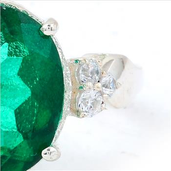 NO RESERVE 6.28 Ct Oval Green Topaz, Cubic Zirconia, 925 Sterling Silver Ring