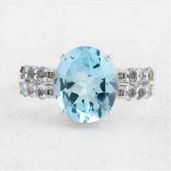 NO RESERVE 6.34 Ct Oval Swiss Blue Topaz 925 Sterling Silver Ring