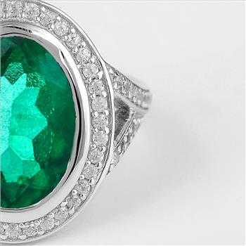 NO RESERVE 6.78 Ct Oval Green Topaz, Cubic Zirconia, 925 Sterling Silver Ring
