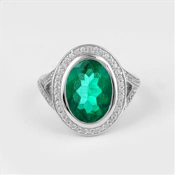 NO RESERVE 6.78 Ct Oval Green Topaz, Cubic Zirconia, 925 Sterling Silver Ring