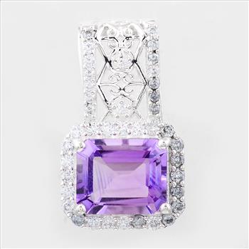 NO RESERVE 6.84 Ct Octagon Amethyst, Cubic Zirconia 925 Sterling Silver Pendant