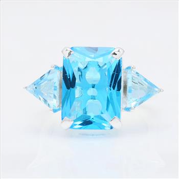 NO RESERVE 7.08 Ct Octagon Created Blue Topaz 925 Sterling Silver Ring