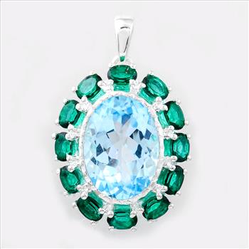 NO RESERVE 8.51 Ct Oval Blue Topaz, Green Topaz, 925 Sterling Silver Pendant