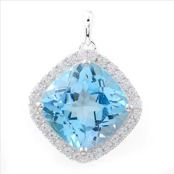 NO RESERVE 8.62 Ct Cushion Blue Topaz, Cubic Zirconia, 925 Sterling Silver Pendant