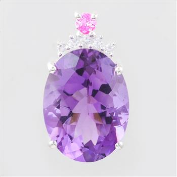 NO RESERVE 8.75 Ct Oval Amethyst, White Topaz, Cubic Zirconia 925 Sterling Silver Pendant