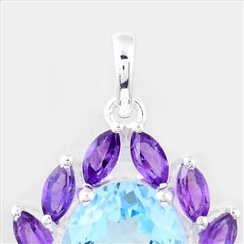 NO RESERVE 8.79 Ct Oval Blue Topaz, Amethyst, 925 Sterling Silver Pendant