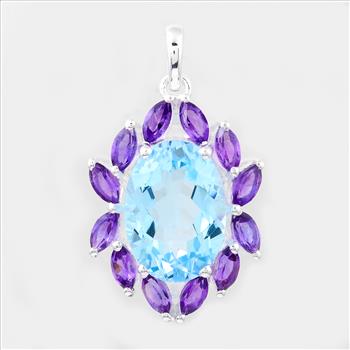 NO RESERVE 8.79 Ct Oval Blue Topaz, Amethyst, 925 Sterling Silver Pendant