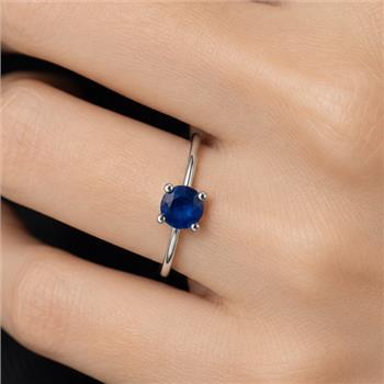 No Reserve 925 Sterling Silver 0.29 Ct Round Glass Sapphire Ring 7 US Ring Size