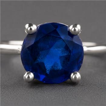 No Reserve 925 Sterling Silver 0.29 Ct Round Glass Sapphire Ring 7 US Ring Size