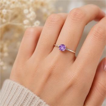 No Reserve 925 Sterling Silver 0.35 Ct Round Amethyst Ring 7 US Ring Size