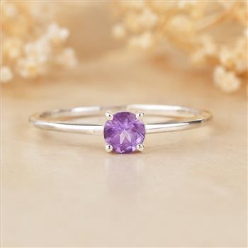 No Reserve 925 Sterling Silver 0.35 Ct Round Amethyst Ring 7 US Ring Size