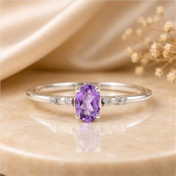 No Reserve 925 Sterling Silver 0.47 Ct Oval Amethyst Cubic Zirconia Ring 7 US Ring Size