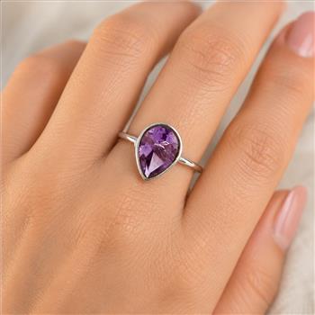 No Reserve 925 Sterling Silver 0.98 Ct Pear Amethyst Ring 7 US Ring Size