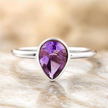 No Reserve 925 Sterling Silver 0.98 Ct Pear Amethyst Ring 7 US Ring Size