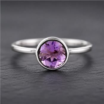 No Reserve 925 Sterling Silver 1.14 Ct Round Amethyst Ring 7 US Ring Size
