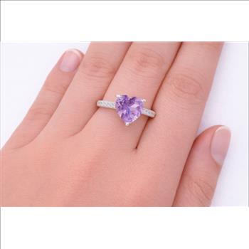 No Reserve 925 Sterling Silver 1.63 Ct Heart Amethyst Cubic Zirconia Ring
