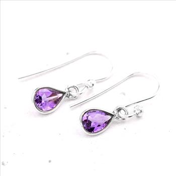 No Reserve 925 Sterling Silver 3.62 Ct Pear Amethyst Earrings