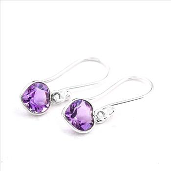No Reserve 925 Sterling Silver 4.60 Ct Heart Amethyst Earrings