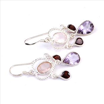 NO RESERVE 9.65 Ct Rose Quartz, Amethyst 925 Sterling Silver Earrings