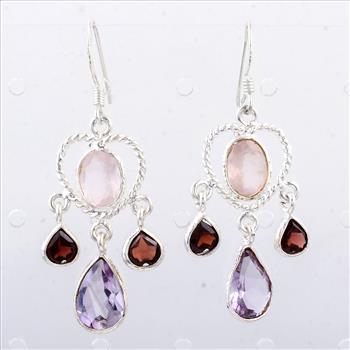 NO RESERVE 9.65 Ct Rose Quartz, Amethyst 925 Sterling Silver Earrings