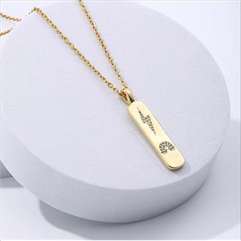 Stainless Steel Gold Plated Micro Pave Trendy Dog Tag Cubic Zirconia CZ Necklace (Lightning Bolt, Rainbow)