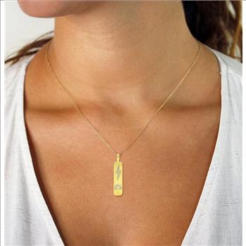 Stainless Steel Gold Plated Micro Pave Trendy Dog Tag Cubic Zirconia CZ Necklace (Lightning Bolt, Rainbow)