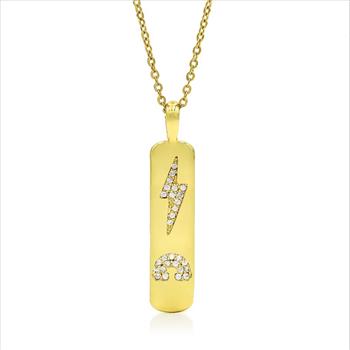 Stainless Steel Gold Plated Micro Pave Trendy Dog Tag Cubic Zirconia CZ Necklace (Lightning Bolt, Rainbow)