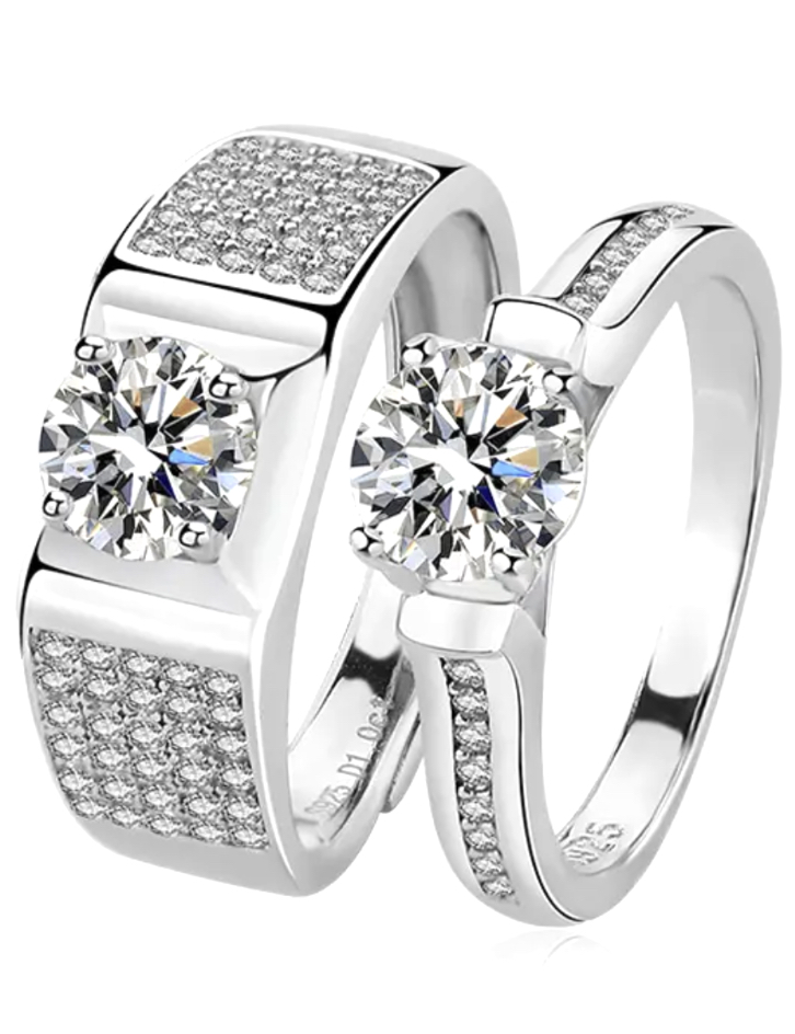 925 Sterling Silver Moissanite 1.0ct Couples Wedding Ring Set