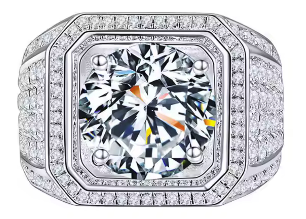 925 Sterling Silver Moissanite 5.0ct Mens Ring