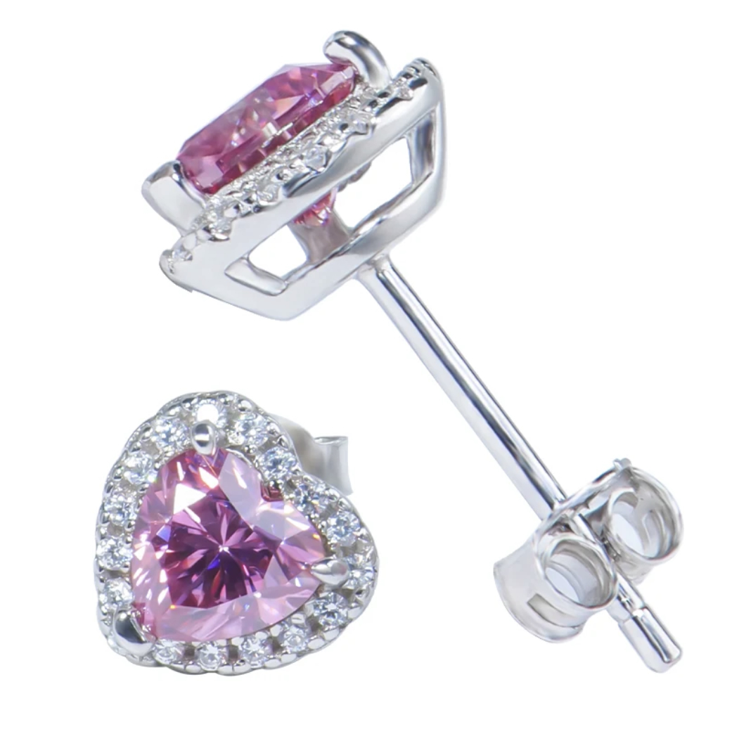 925 Sterling Silver 0.5ct Pink Moissanite  Halo Stud Earrings