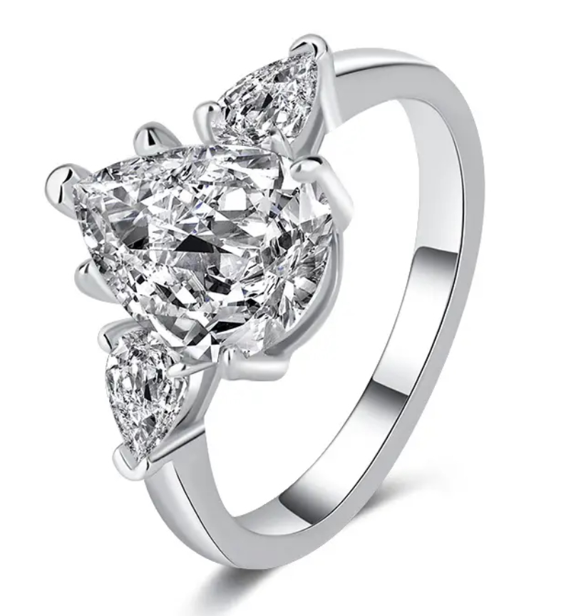 925 Sterling Silver 2.0ct Simulated Diamond Pear Cut Trinity Ring
