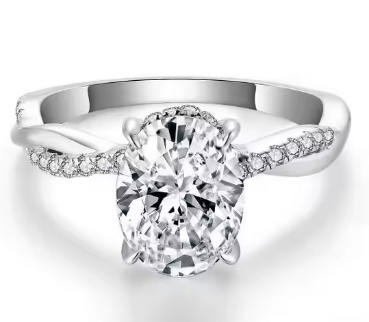 925 Sterling Silver Moissanite 2.0ct Oval Twist Ring