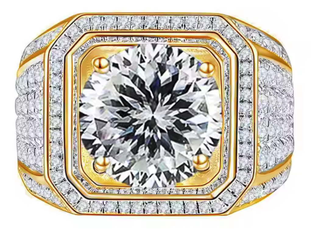 925 Sterling Silver Moissanite 1.0ct 14K Gold Plated Mens Ring