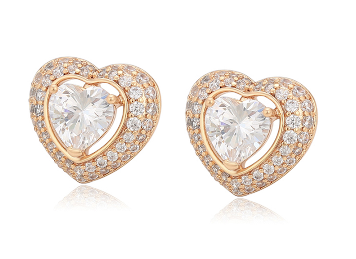 1.0ct Each 18K Gold Plated Heart Cut Simulated Diamond Halo Earrings