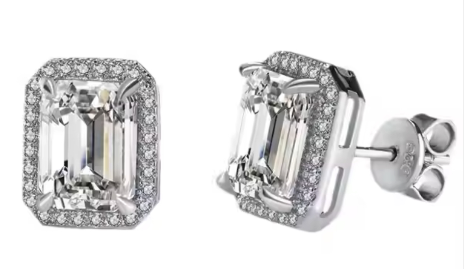 925 Sterling Silver 2.0ct Simulated Diamond Emerald Cut Halo Stud Earrings