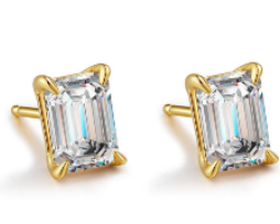 925 Sterling Silver Moissanite 1.0ct 18K Gold Plated Emerald Cut Stud Earrings