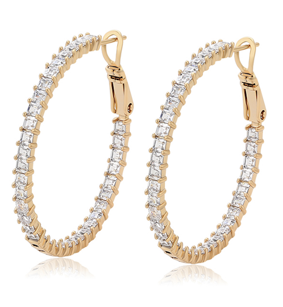 38mm Simulated Diamond 14K Gold Plated Hoop Earrings
