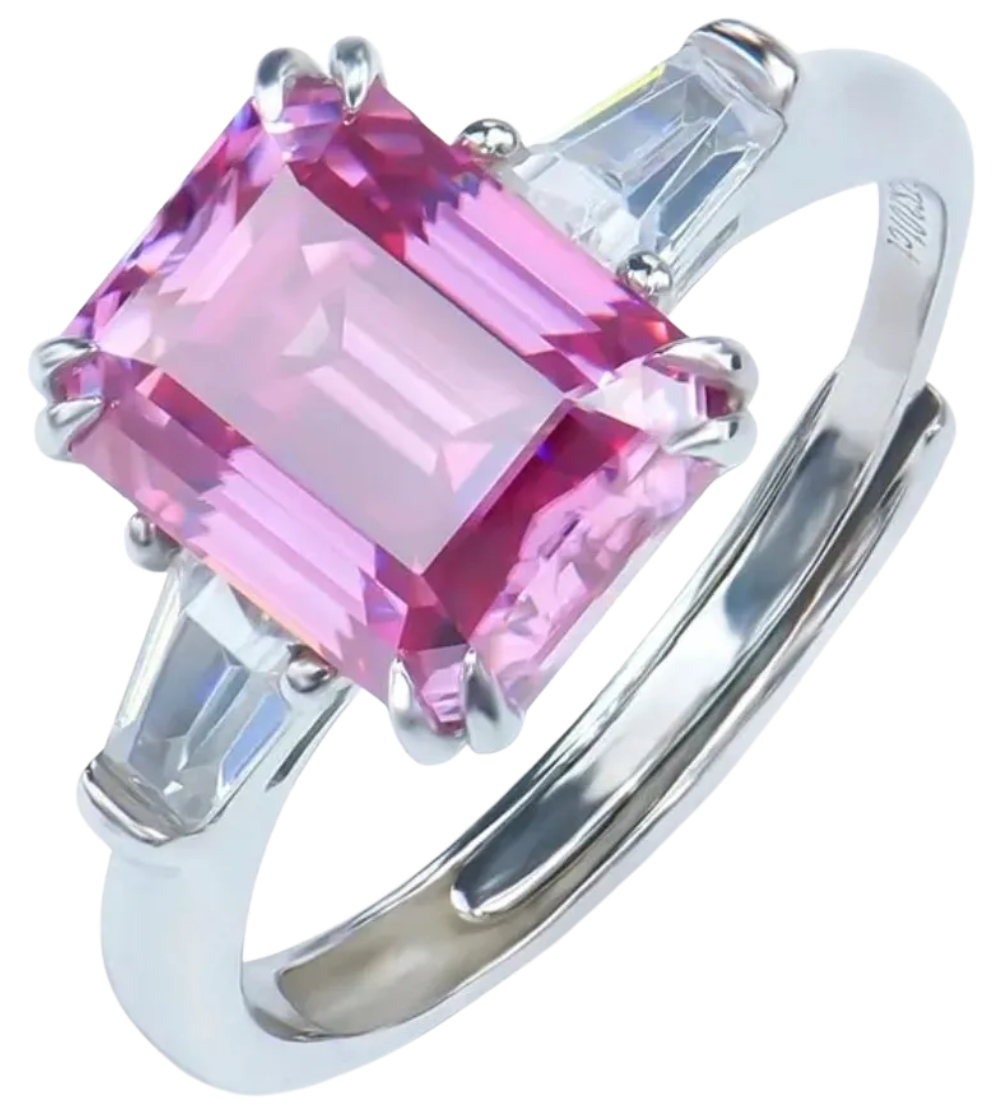 925 Sterling Silver Pink Moissanite Lab Diamond 3.0ct Emerald Cut Ring