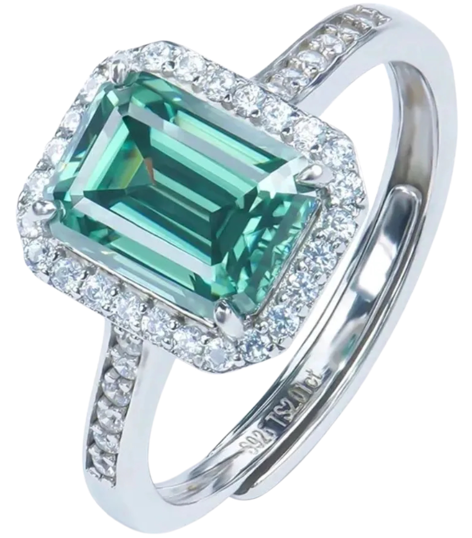 925 Sterling Silver Emerald Moissanite 2.0ct Halo Ring