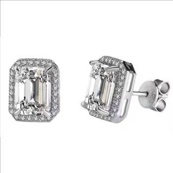 925 Sterling Silver 2.0ct Simulated Diamond Emerald Cut Halo Stud Earrings
