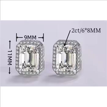 925 Sterling Silver 2.0ct Simulated Diamond Emerald Cut Halo Stud Earrings