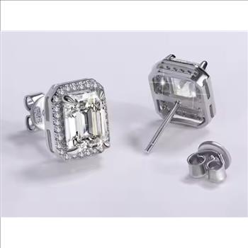 925 Sterling Silver 2.0ct Simulated Diamond Emerald Cut Halo Stud Earrings