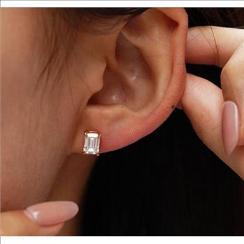 925 Sterling Silver Moissanite 1.0ct 18K Gold Plated Emerald Cut Stud Earrings