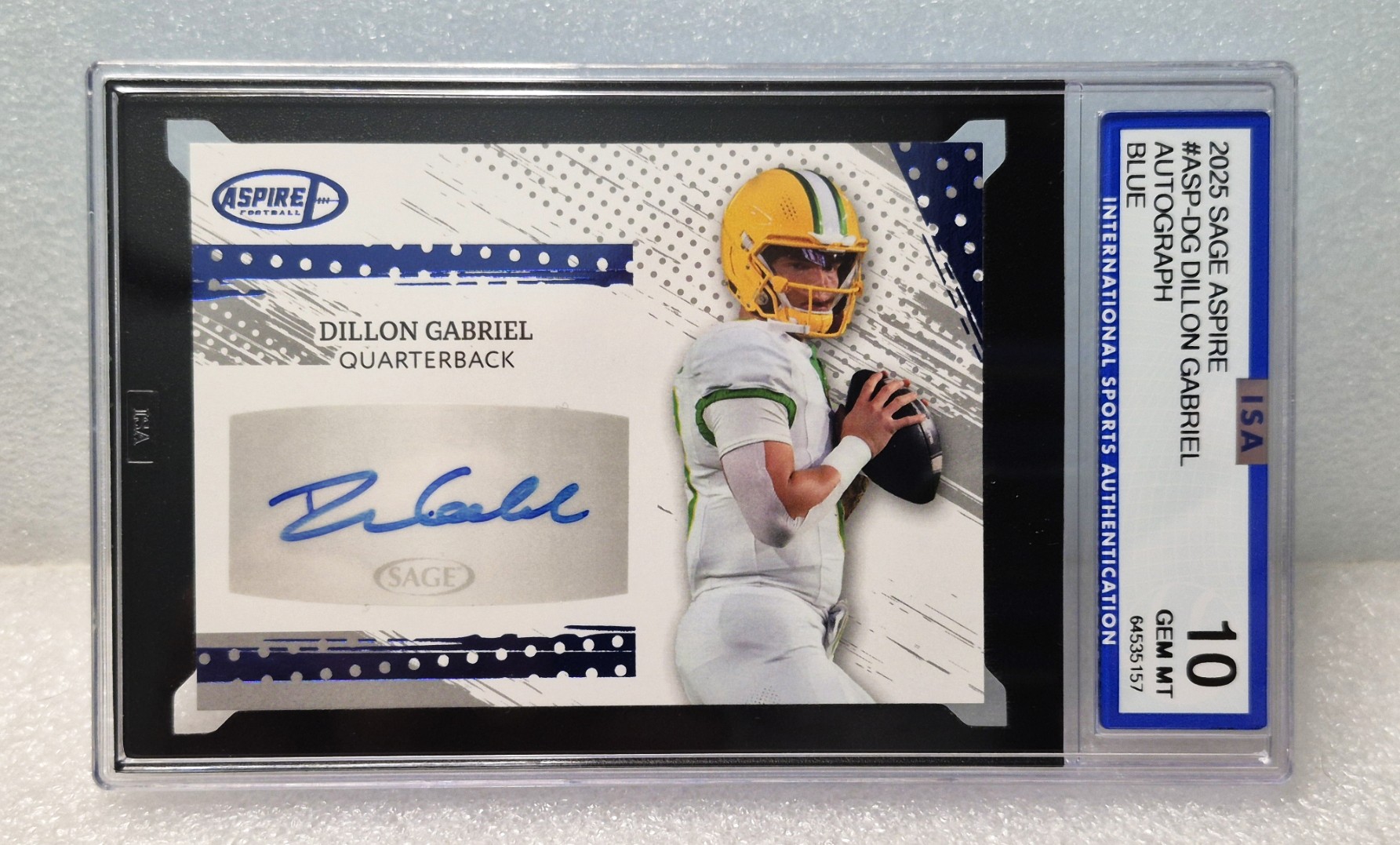 2025 Sage Aspire Football Dillon Gabriel Auto Blue Foil SP ISA 10 Gem Mint